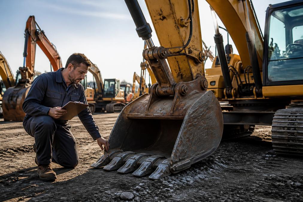 Fleet manager in work clothes inspecting a yellow excavator on a rental equipment lot, holding clipboard and examining the bucket teeth and hydraulic systems in morning sunlight