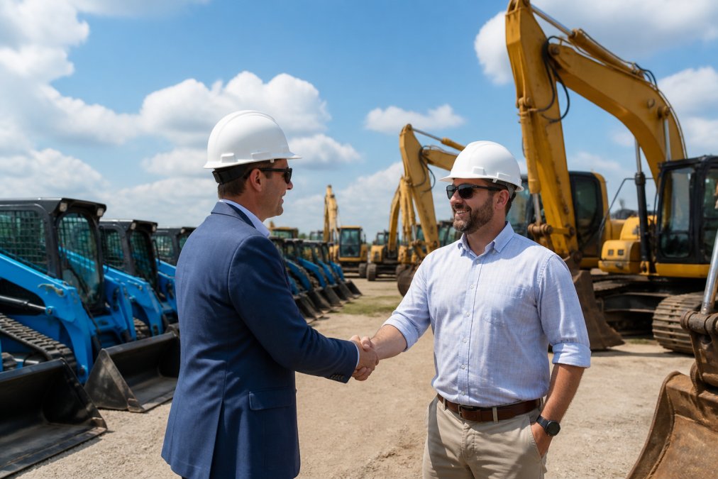 Two business professionals in hard hats shaking hands at an outdoor construction equipment yard, with yellow excavators and blue skid steer loaders visible in the background under bright afternoon sunlight