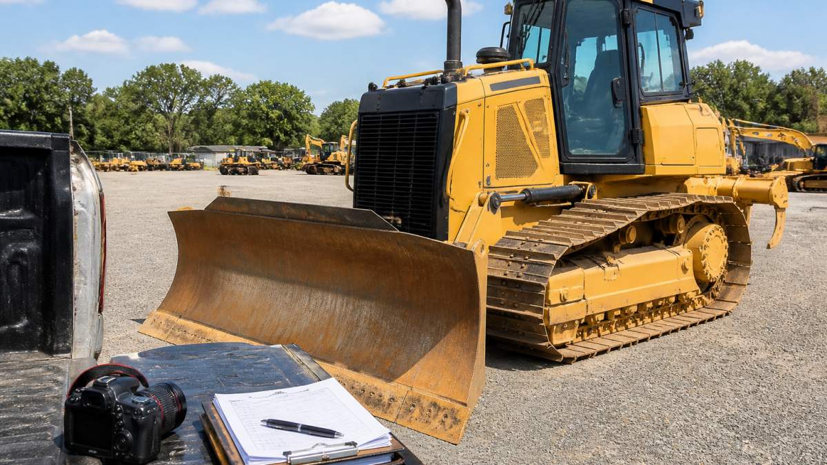 A clean bulldozer parked on a gravel lot, photographed from a three-quarter angle in bright daylight, with a clipboard and camera resting on a nearby tailgate as a seller documents the machine before listing