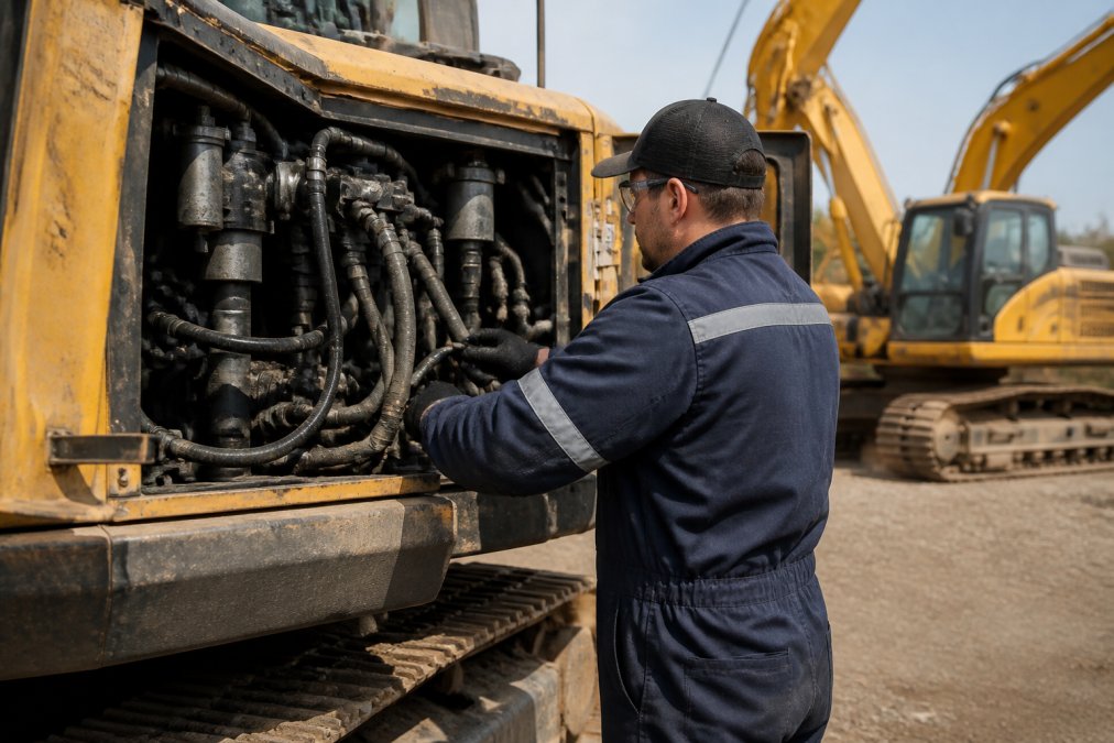 Equipment operator performing detailed pre-sale inspection on an excavator, checking hydraulic hoses and engine components in natural daylight at a staging yard