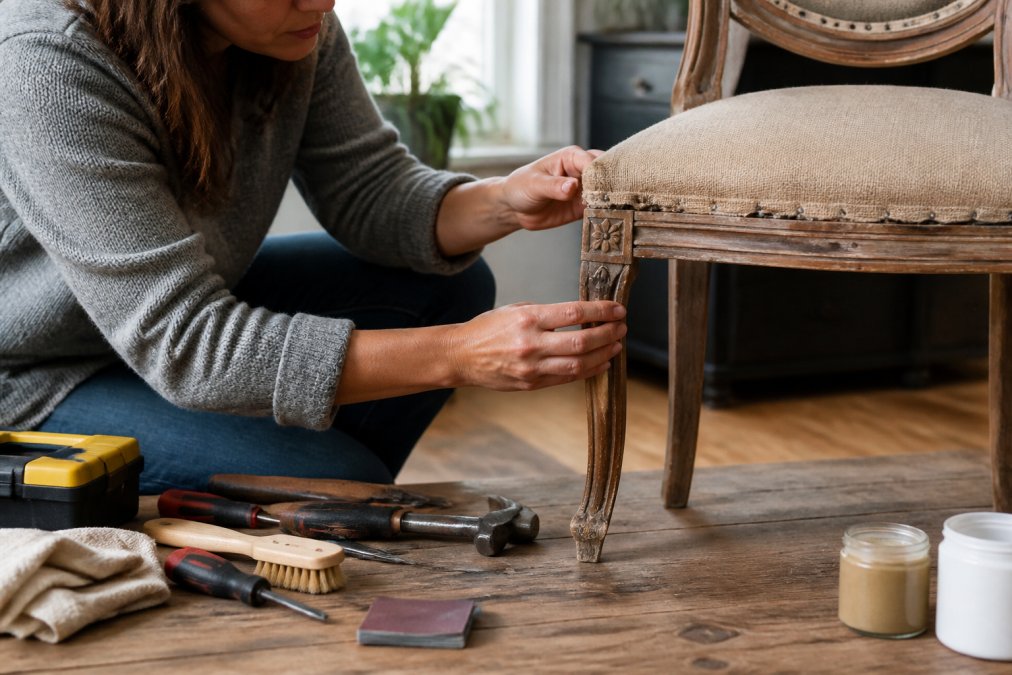 Close-up of someone inspecting wooden furniture joints and upholstery with natural light streaming through a window, checking for damage and wear