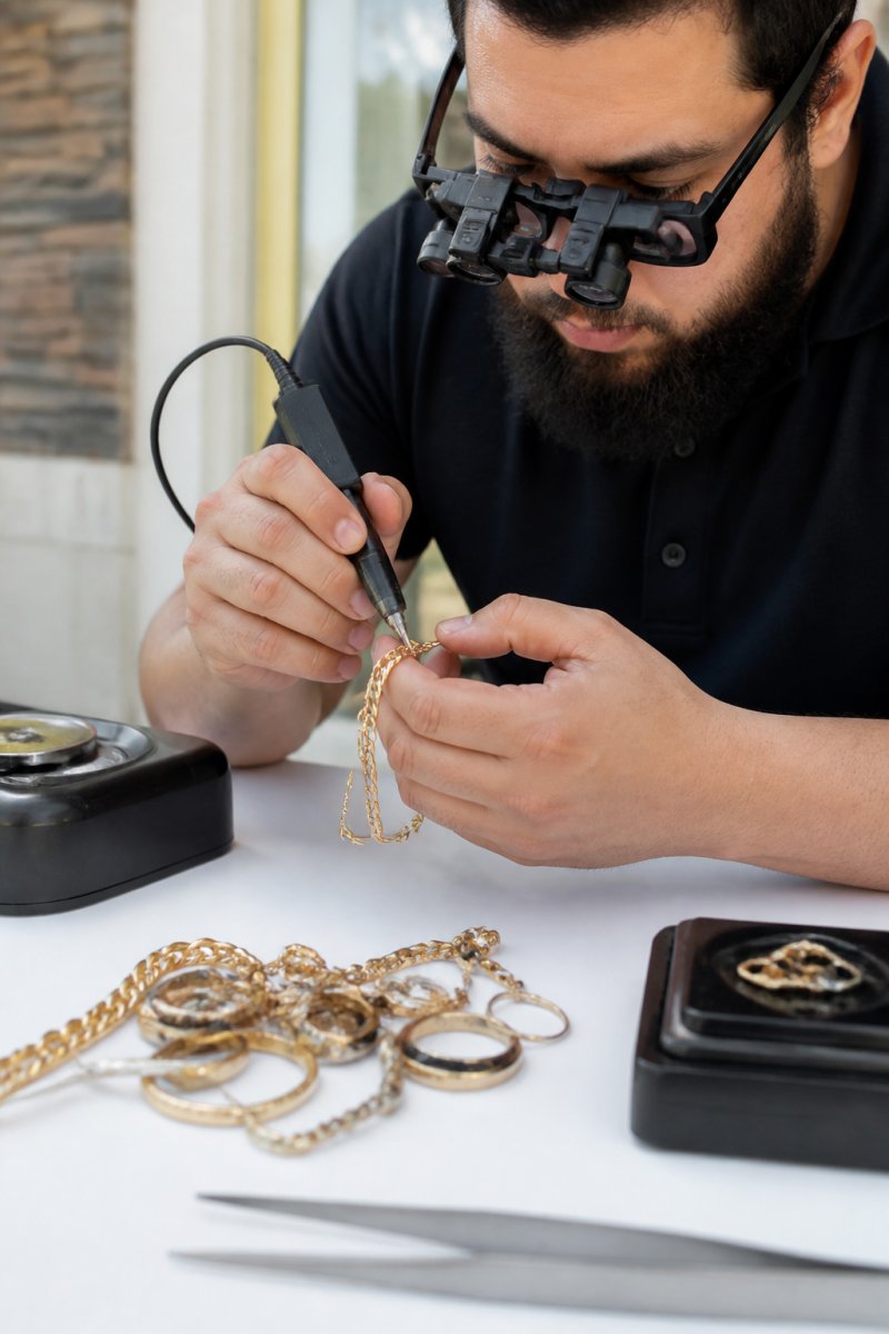 Professional appraiser examining gold jewelry with certified testing equipment on a clean white surface, wearing magnification glasses in bright natural lighting