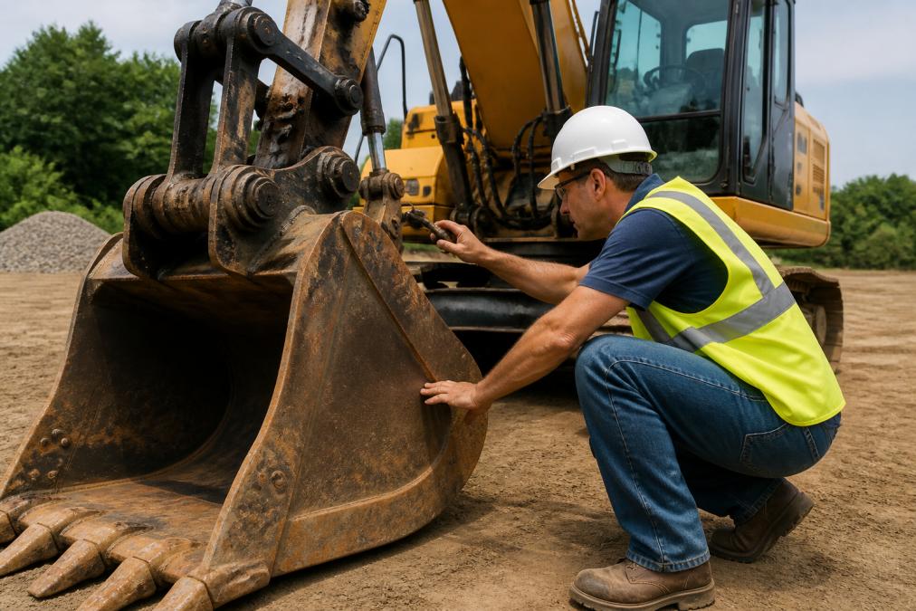 Contractor in work vest carefully inspecting used excavator bucket and hydraulic systems in outdoor equipment yard with natural daylight