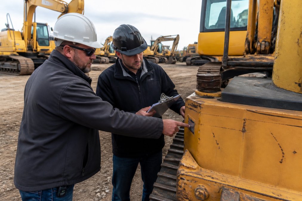 Professional equipment broker and buyer reviewing serial numbers and documentation on heavy machinery with inspection checklist in outdoor yard setting