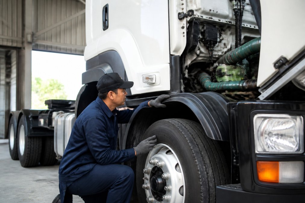 Heavy-duty truck undergoing detailed inspection in a well-lit service facility, with technician checking engine components and tire condition