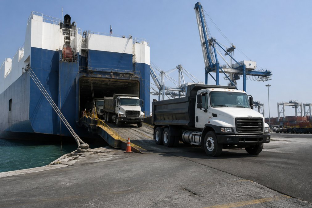 Large container ship at busy international port with multiple heavy-duty trucks being loaded via roll-on roll-off ramp, showing maritime logistics operations