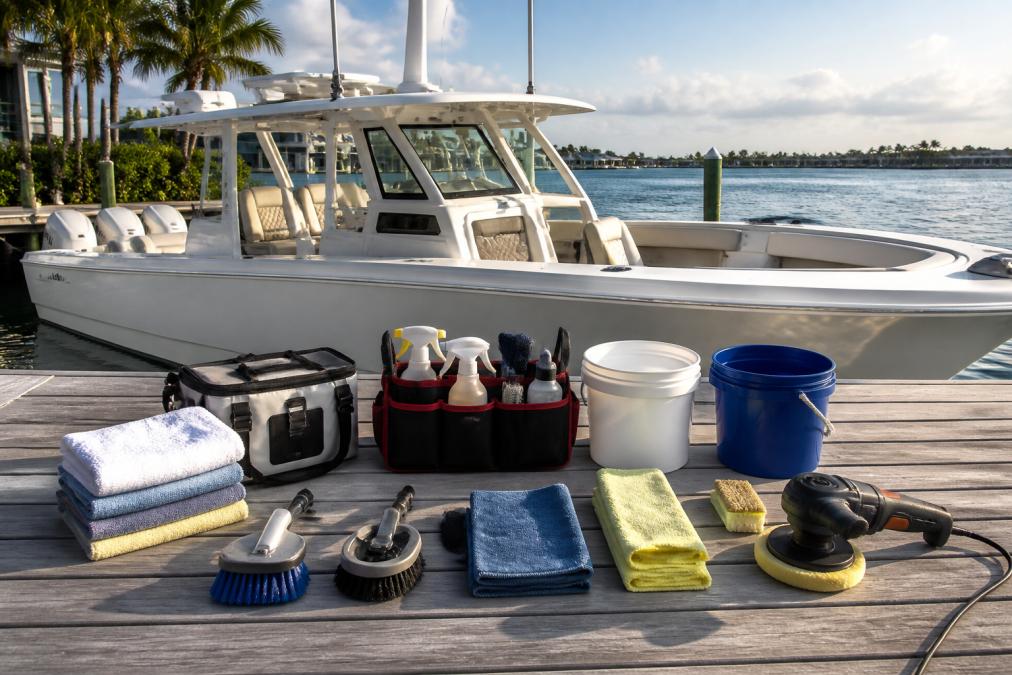 Luxury center console yacht docked at a pristine marina with clear morning light illuminating the white hull, helm station, and forward cabin, water and sky visible in background
