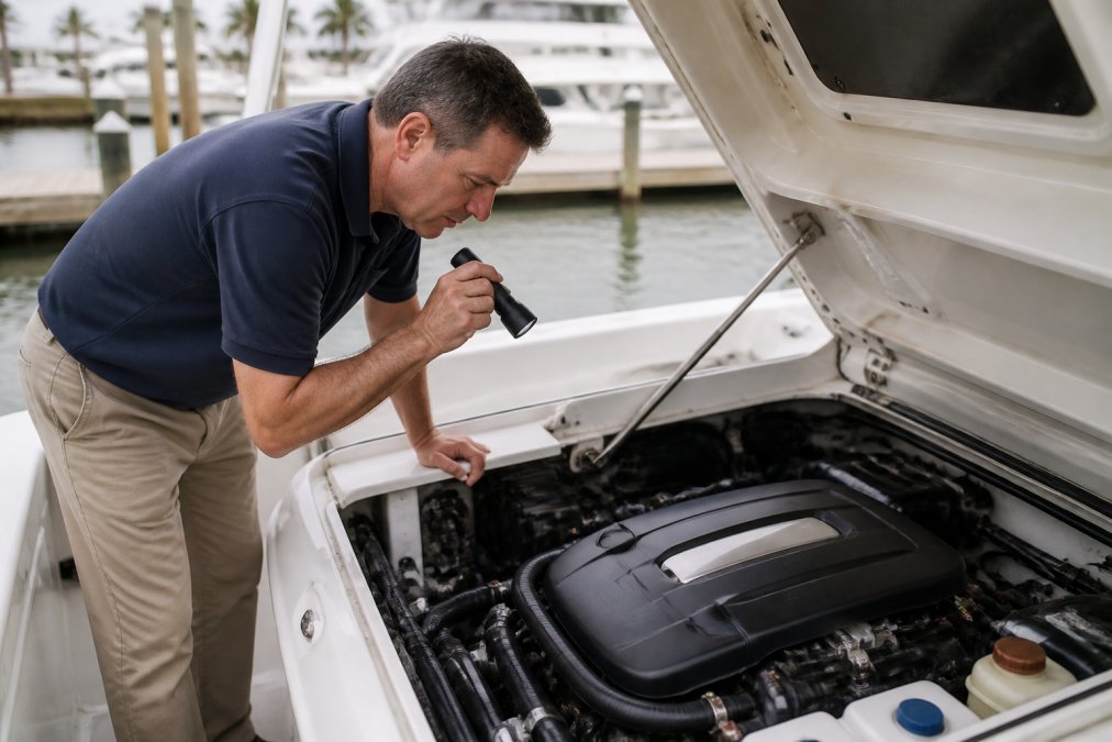 Marine surveyor in professional attire inspecting the engine compartment of a high-end center console, examining mechanical systems with focused attention, natural dock lighting