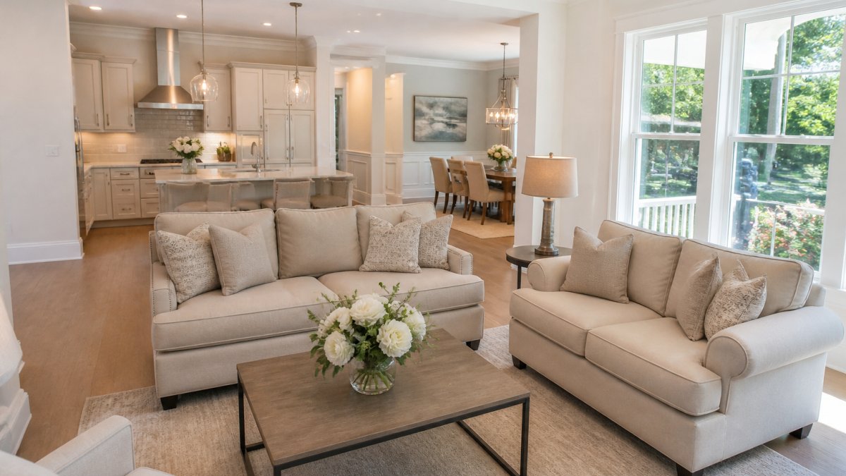 Bright, decluttered living room with neutral beige furniture, fresh white flowers on coffee table, natural light streaming through clean windows, and open floor space showing staged home ready for viewing