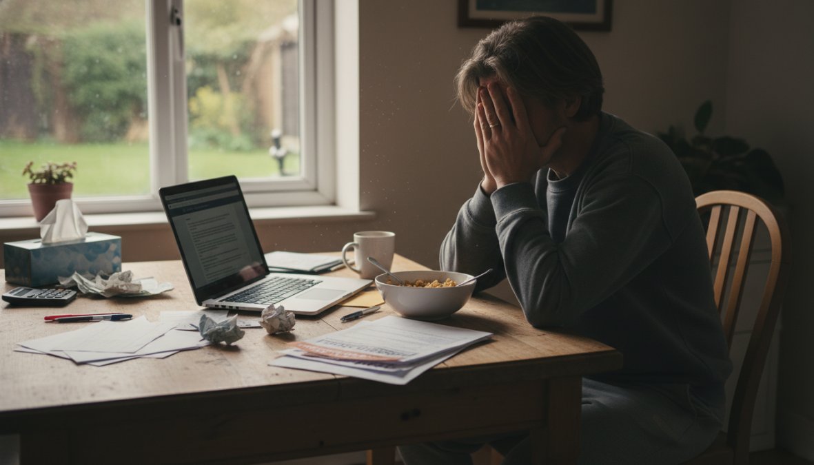 A stressed homeowner sitting at a kitchen table reviewing mortgage documents and bills, with a laptop open showing financial calculations, natural window light coming from the left side of the frame