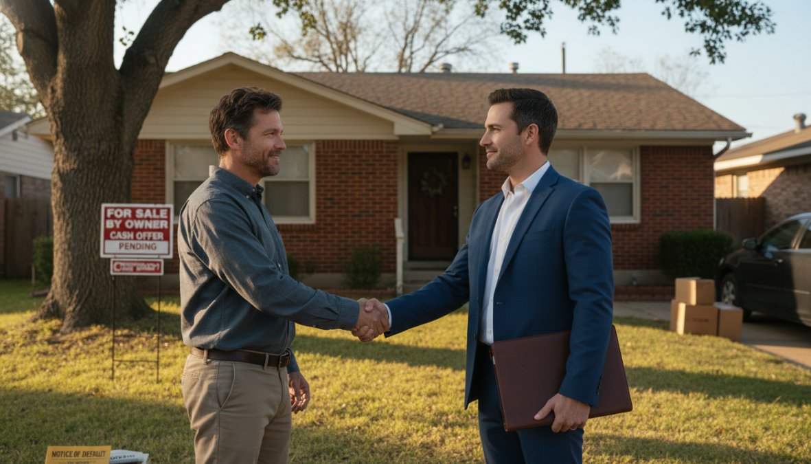 A homeowner shaking hands with a professional real estate consultant outside a well-maintained residential home, both appearing relieved and confident, bright afternoon sunlight in the background