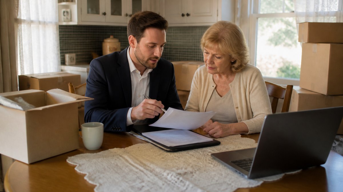 Step-by-step checklist infographic for selling inherited property, showing a real estate agent reviewing home documents.