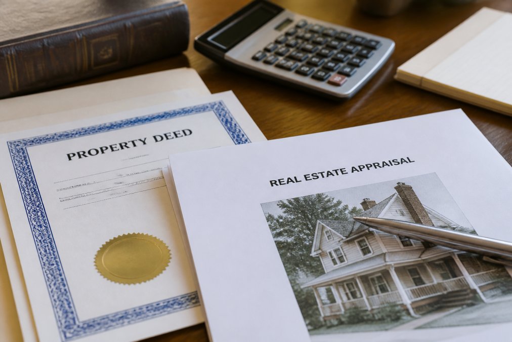 Close-up of a real estate appraisal document and property deed on a wooden desk with a calculator and pen, natural office lighting