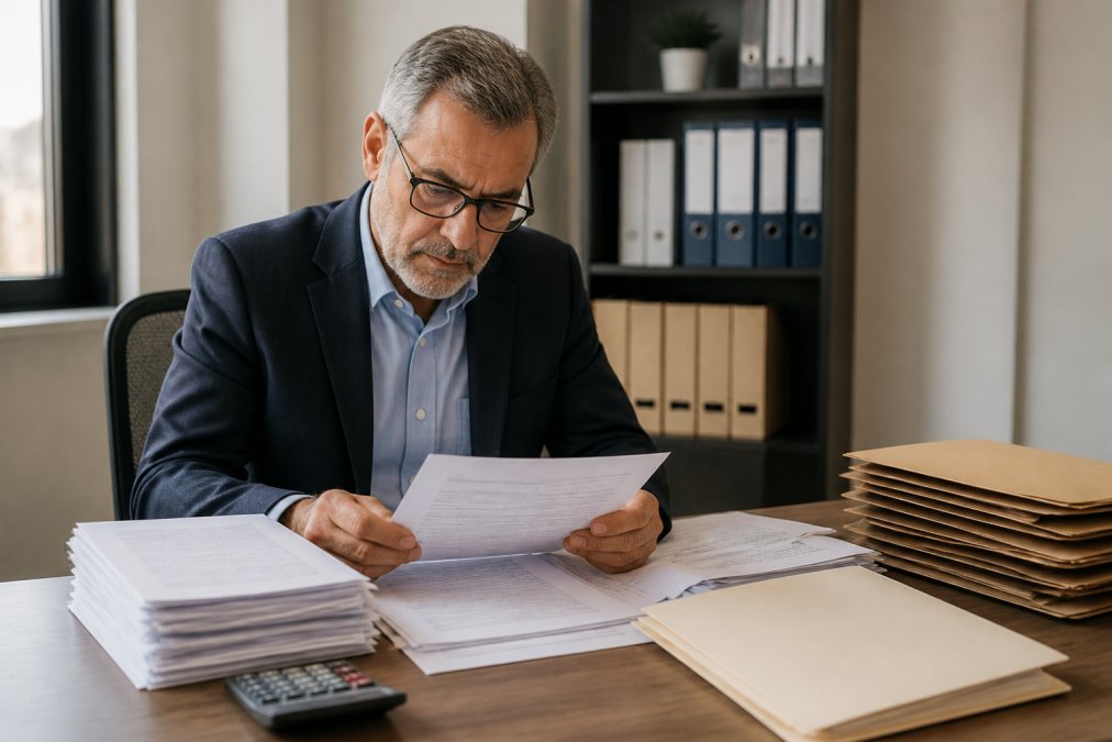 Professional reviewing tax documents and IRS forms at a desk with a laptop and organized file folders, natural office lighting