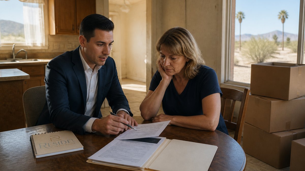 A real estate agent and a client reviewing paperwork at a kitchen table inside an older, mostly empty Las Vegas home, boxes stacked nearby and desert light coming through the window