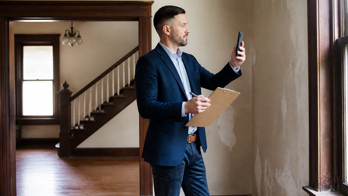 Real estate professional in business attire conducting a detailed home inspection inside an inherited residential property, photographing walls and taking notes on a clipboard with natural light streaming through windows
