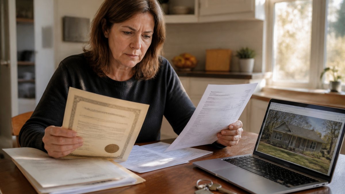 An adult heir reviewing tax documents and a property deed at a kitchen table, with a laptop showing a real estate listing and a house key nearby, warm afternoon light through the window