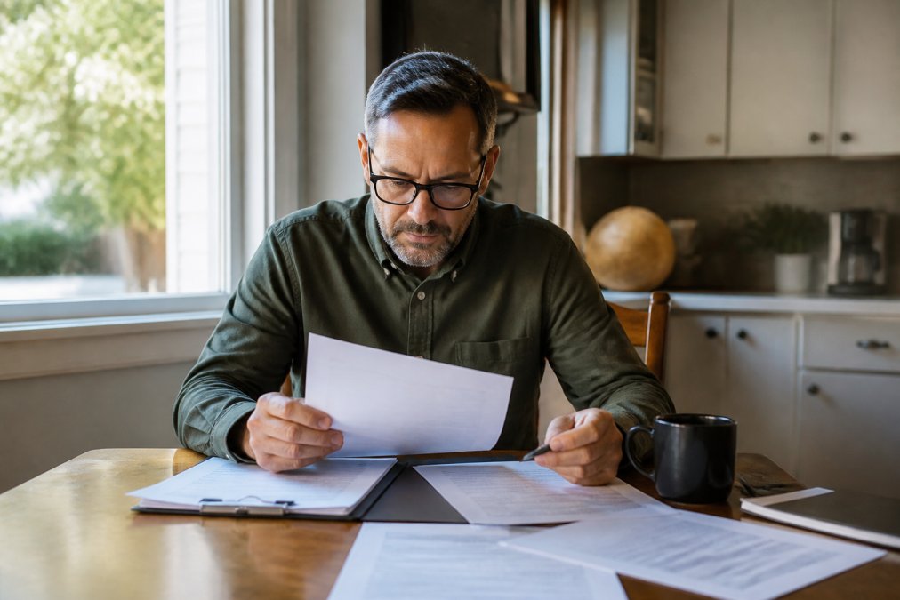 A middle-aged adult reviewing legal documents at a kitchen table with a cup of coffee, natural light streaming through a window, papers spread across the table