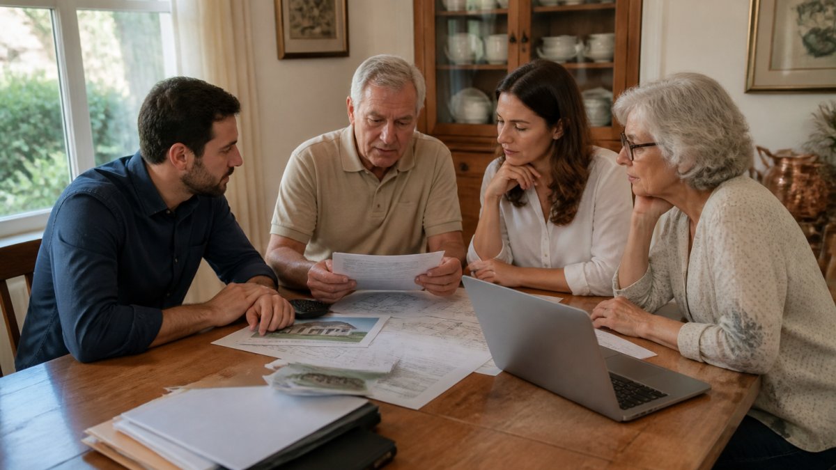 Family members sitting around a dining table with property documents, appraisal reports, and a laptop, reviewing sale plans together in natural daylight