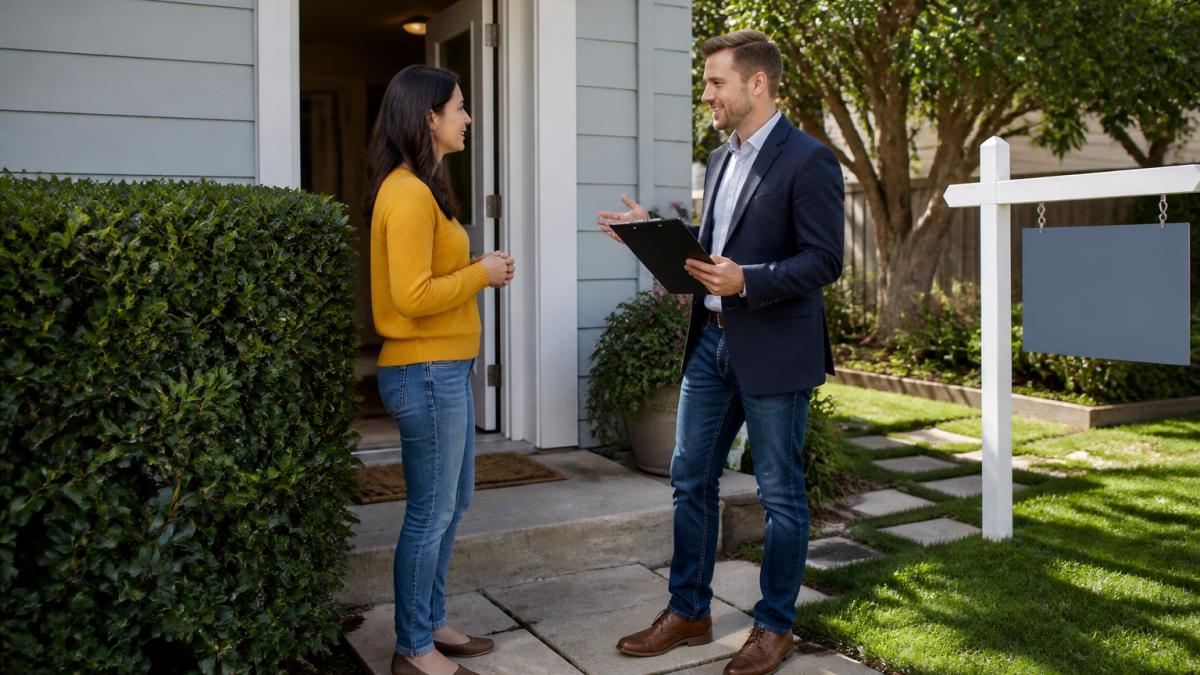 A real estate agent politely speaking with a tenant at the front door of a well-kept rental house, clipboard in hand, with a 'For Sale' sign visible in the front yard