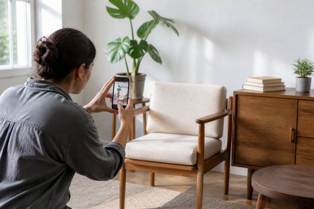 Person photographing furniture with a smartphone to help with selling items without high platform fees