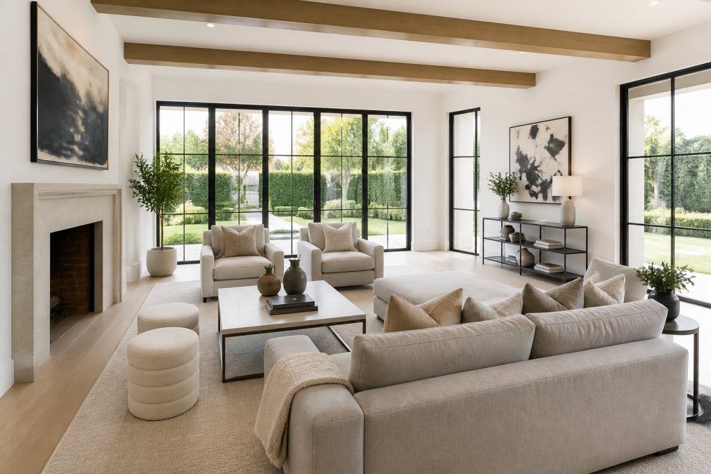 Elegant living room in a luxury home with neutral furnishings, natural light streaming through large windows, tasteful contemporary art on walls, and a view of manicured grounds