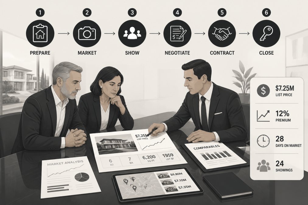 Professional real estate advisor in business attire meeting with high-net-worth clients at polished conference table, reviewing detailed property documents and market analysis reports with focused attention