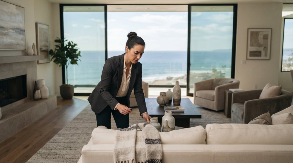 A professionally staged luxury living room with modern furniture, floor-to-ceiling windows overlooking the Pacific Ocean, and tasteful decor in neutral tones with natural afternoon light streaming in