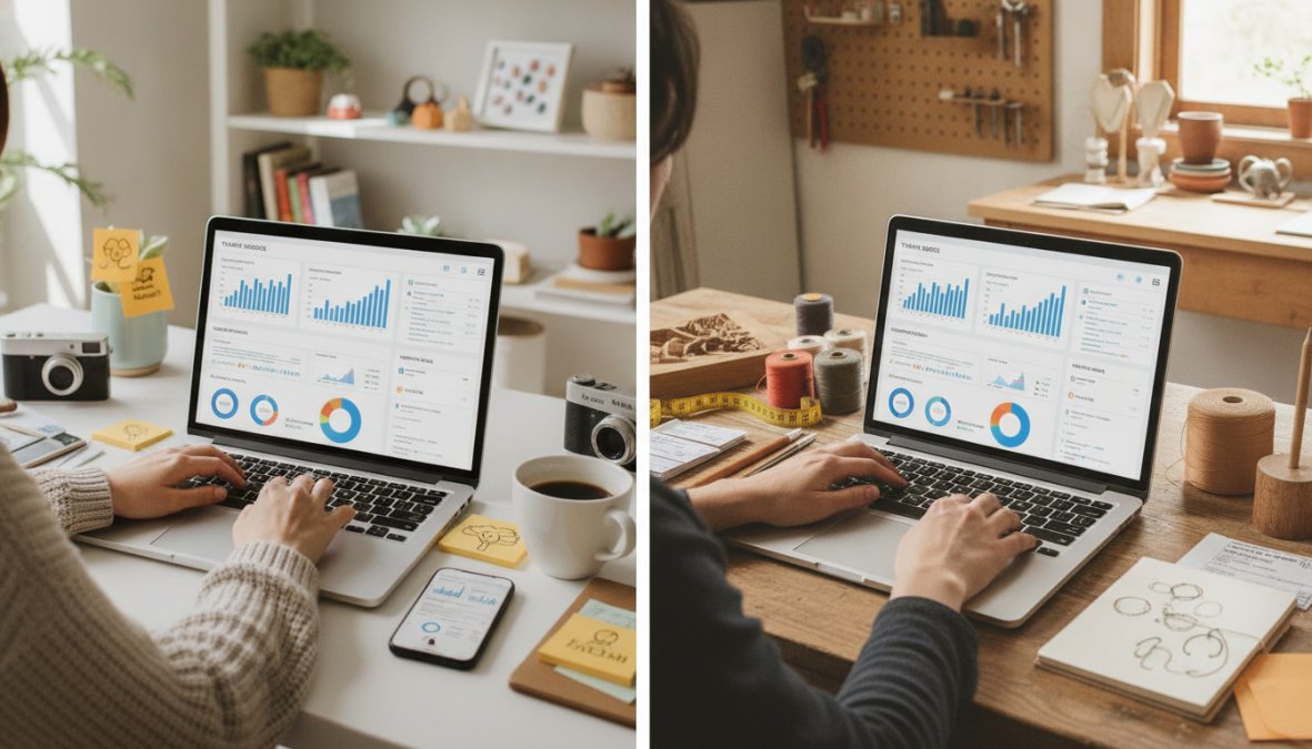 Seller reviewing analytics dashboard on a laptop at a wooden desk, showing traffic source breakdown with multiple platform tabs open, warm natural window light