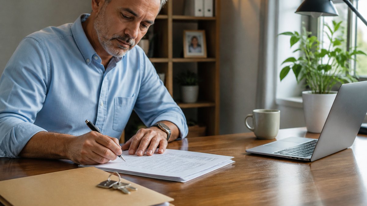 A person at a home office desk reviewing property sale documents and signing paperwork, laptop open beside a house key and folder