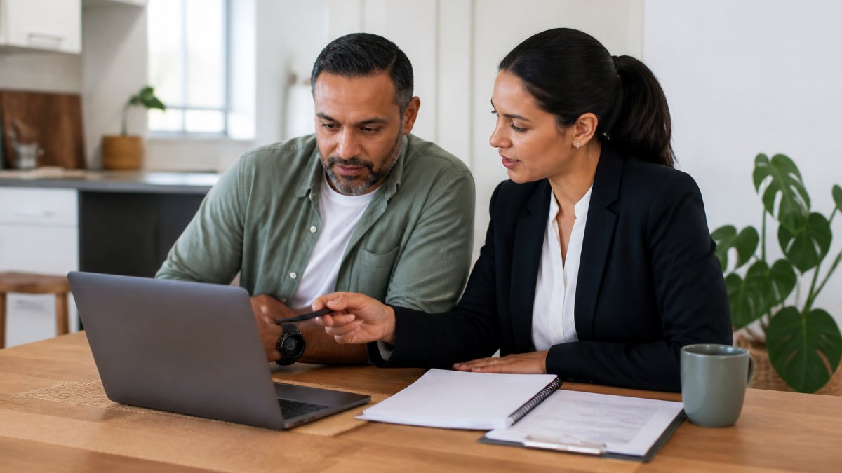 A homeowner and a real estate agent sitting at a kitchen table with a laptop, paperwork and a notepad, reviewing figures together in a bright home