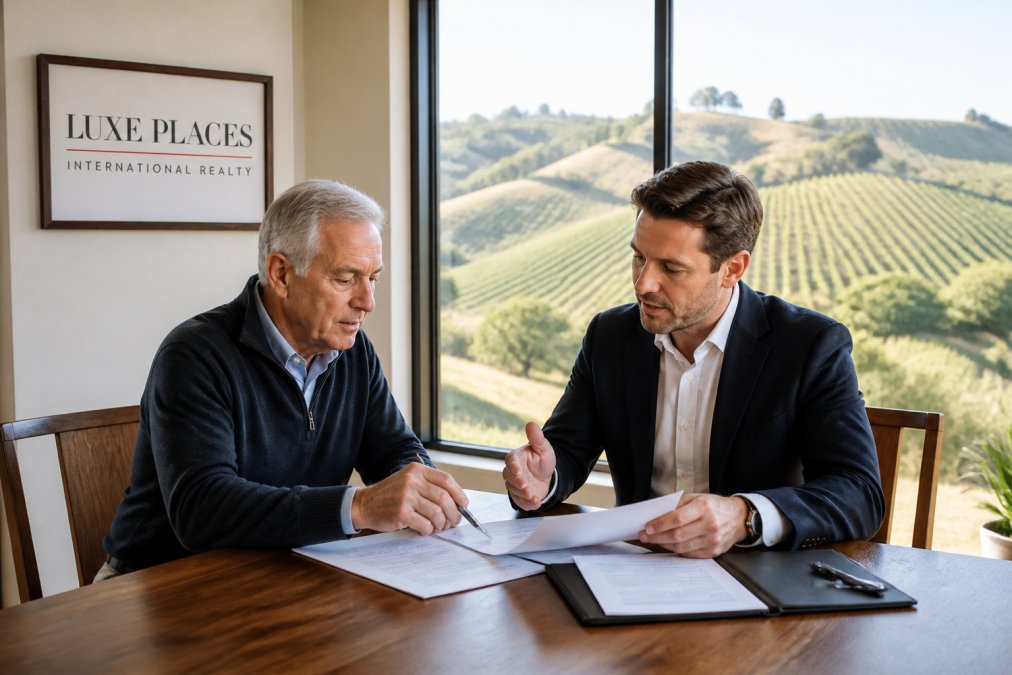 A landlord and a real estate agent reviewing financial documents at a wooden table, with a vineyard-covered Mendocino County hillside visible through the window behind them