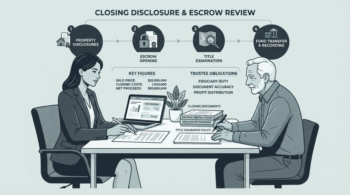 Real estate agent and trustee reviewing closing documents at a table with a laptop, escrow paperwork, and title insurance documents visible