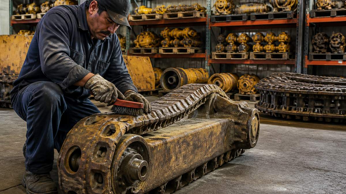 A person in work gloves cleaning a large metal undercarriage component from a crawler dozer with a wire brush in a workshop, with other heavy equipment parts organized on shelves in the background