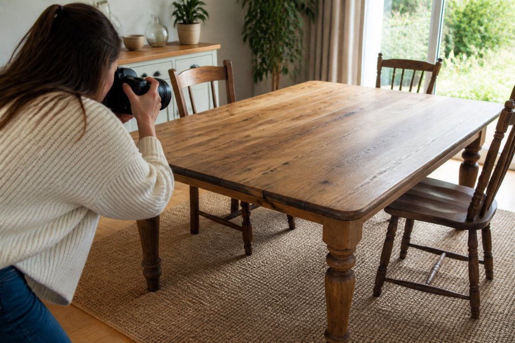 Person photographing a wooden dining table with natural daylight streaming through a large window, camera angled to capture the full table surface, legs, and wood grain detail clearly