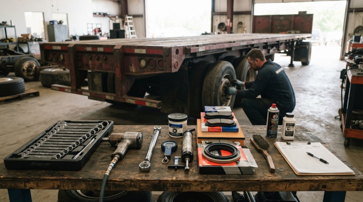 Mechanic inspecting the undercarriage and frame of a utility trailer in natural daylight, checking for rust, damage, and structural integrity