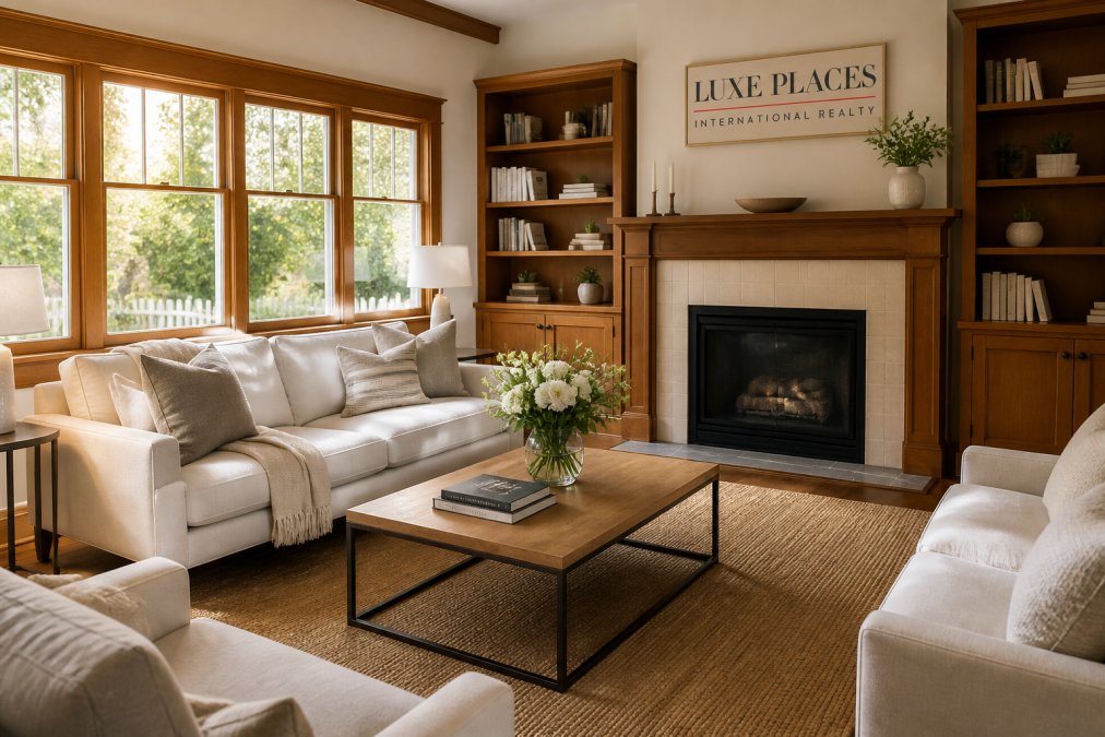 A well-staged living room in a California craftsman-style home with warm natural light streaming through large windows, neutral linen furnishings, fresh flowers on a wood coffee table, and neatly arranged bookshelves, ready for an open house showing