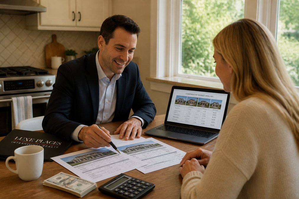 A real estate agent and homeowner sitting across from each other at a wooden kitchen table, reviewing printed comparable sales documents and a laptop screen showing a comparative market analysis, warm afternoon light from a nearby window