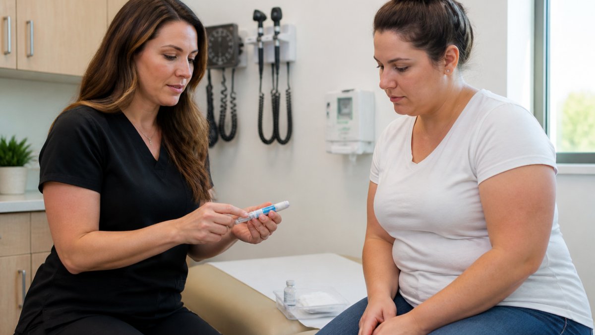 Healthcare professional explaining semaglutide injection technique to patient in modern clinical setting with natural lighting and medical equipment visible