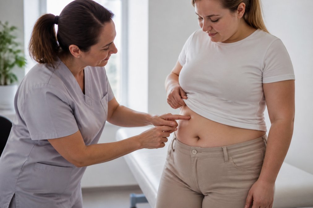 Healthcare provider demonstrating proper injection site identification on patient's abdomen, thigh, and upper arm in well-lit clinical setting