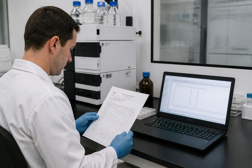 Researcher reviewing a certificate of analysis and HPLC data at semaglutide research labs for quality control