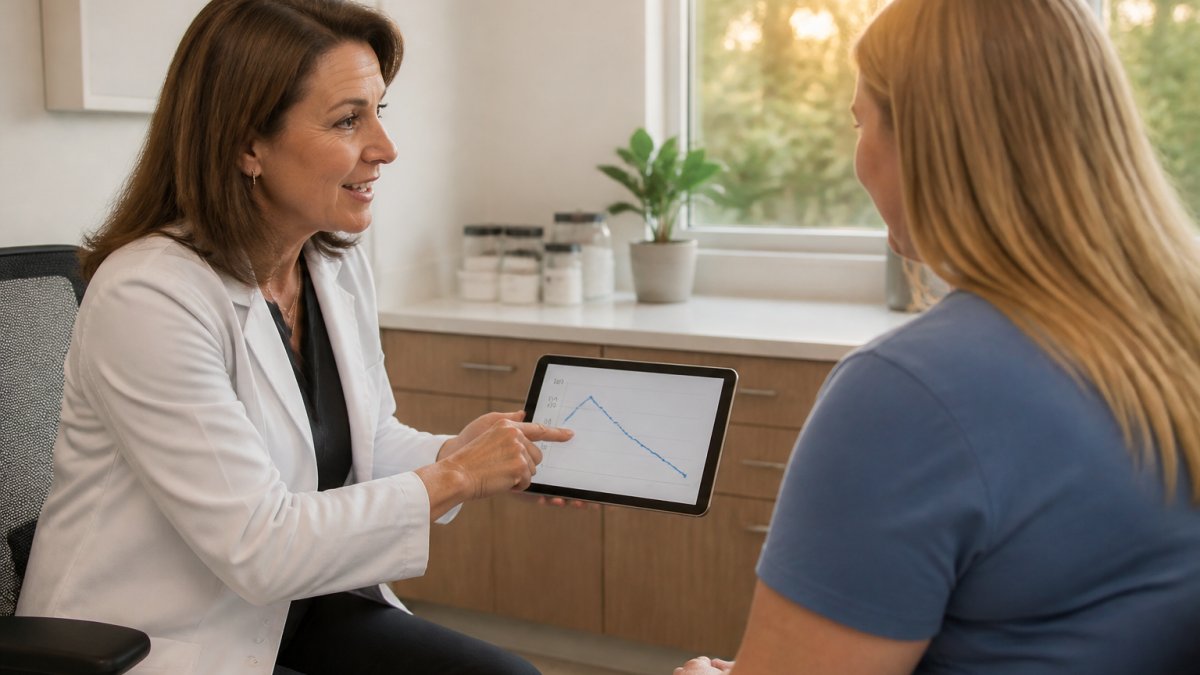 A physician in a white coat sitting across from a patient in a bright exam room, both reviewing a tablet showing a body weight trend line, warm afternoon light through the window