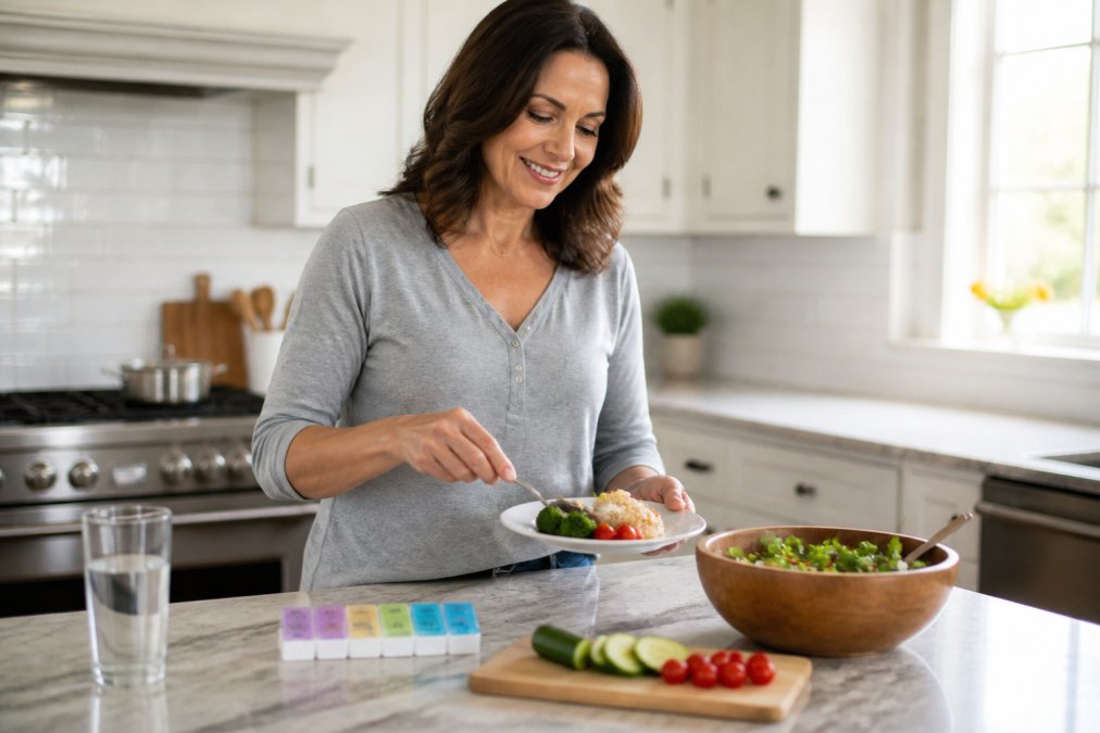 Woman in her 40s preparing a healthy meal while considering semaglutide vs tirzepatide weight loss results.