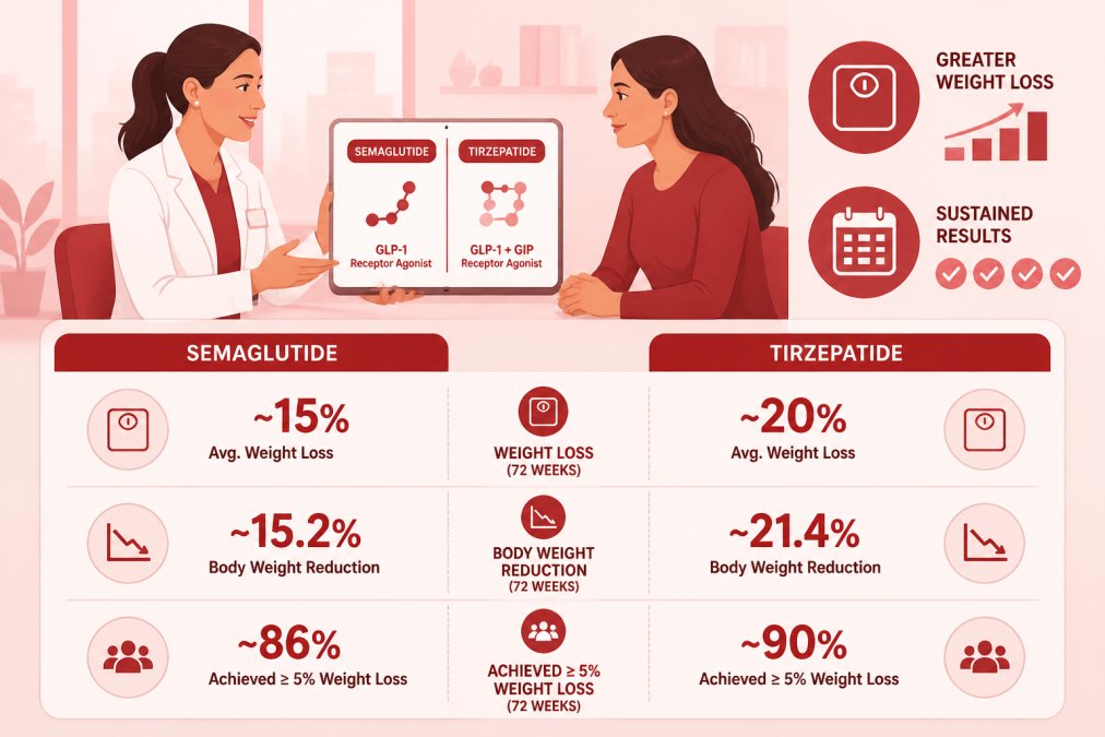 Healthcare provider in modern clinic discussing GLP-1 and GIP receptor agonist treatment options with patient during consultation, natural lighting from windows