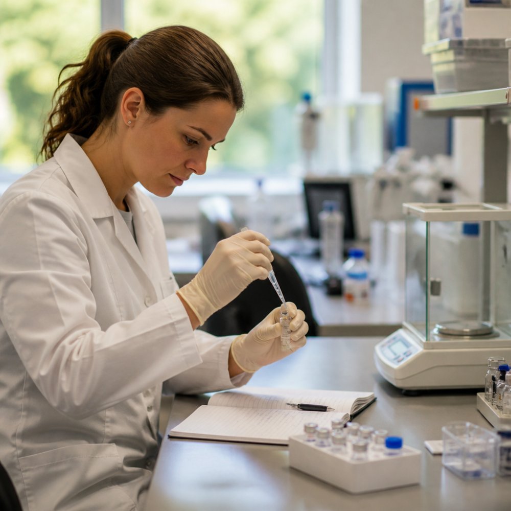 A researcher in a laboratory carefully handling a small vial of peptide powder with a pipette, wearing gloves and a lab coat, with a notebook and analytical balance in the background