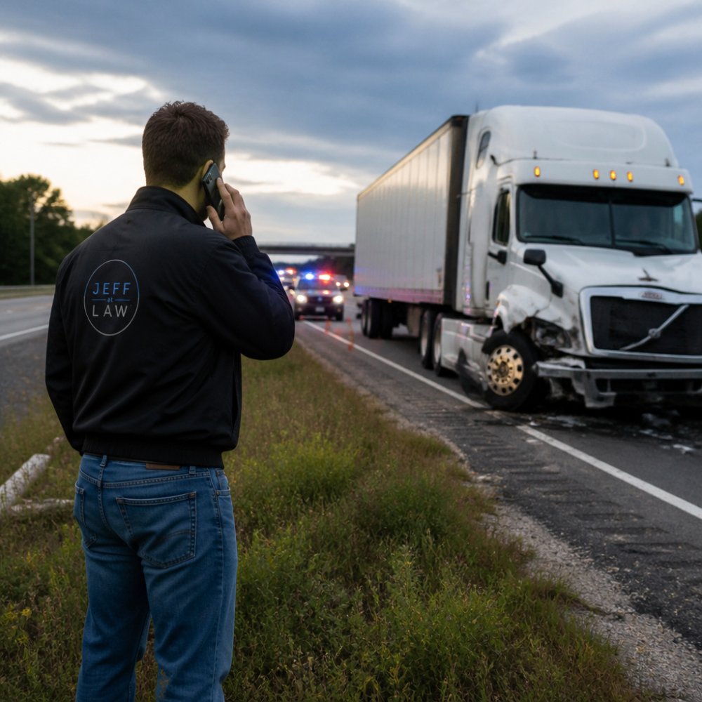 A person standing on the shoulder of an Indiana highway after a truck accident, holding a phone and looking at the damaged vehicle, with emergency lights visible in the background