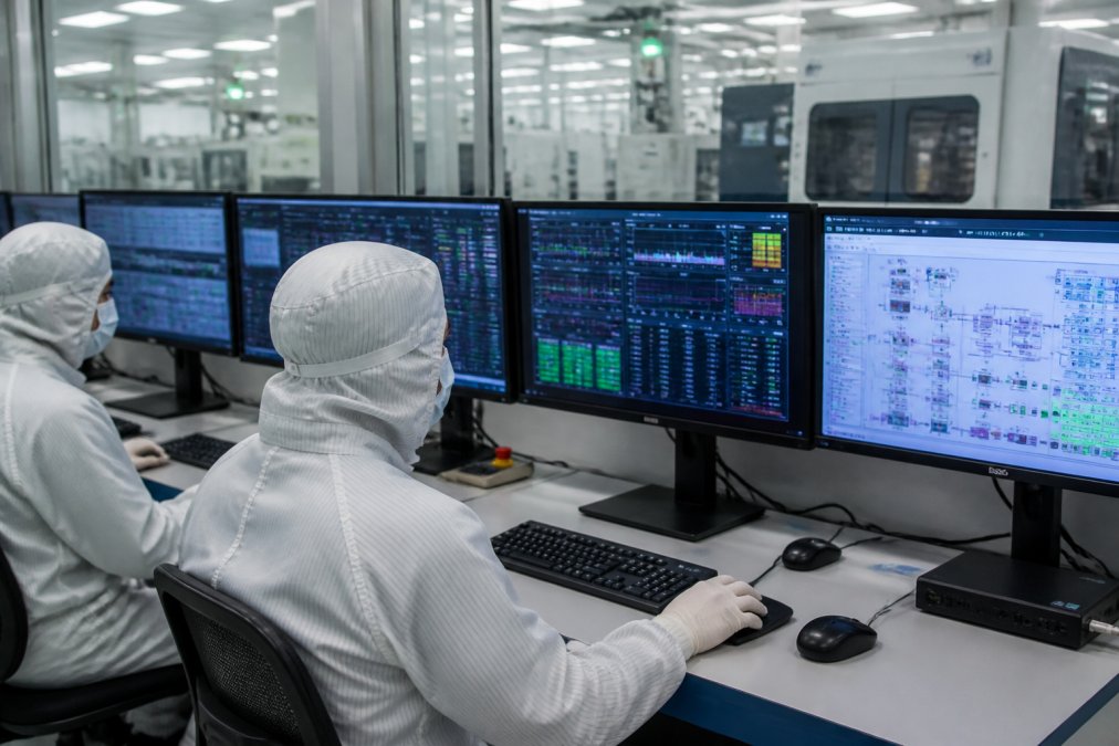 Process engineers monitoring real-time data dashboards and control screens in a semiconductor fabrication facility control room