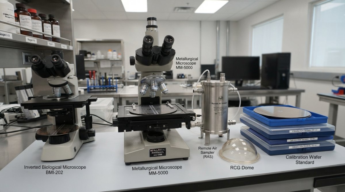 Close-up of precision semiconductor metrology equipment in an active cleanroom laboratory environment, with technicians in protective gear operating measurement instruments under bright overhead lighting