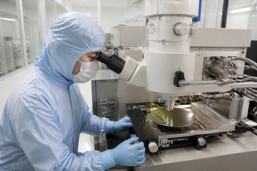 A process engineer in a cleanroom suit examining a semiconductor wafer under an electron-beam inspection system, with monitors displaying high-resolution wafer surface images in the background