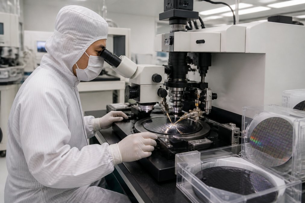 Semiconductor engineer performing on-wafer calibration measurements at a probe station with calibration wafers visible and measurement equipment in a professional cleanroom environment with overhead lighting